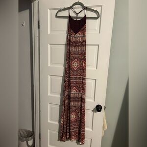 Alya Burgundy and Cream Patterned Maxi Dress